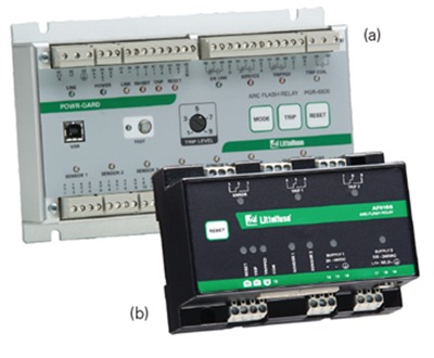 The PGR-8800 series arc-flash relay (a) detects developing arc-flash incidents by looking for a combination of excess light and current. An optical sensor and adjustable trip level reduce the chance of nuisance tripping by setting a threshold for ambient light. The AF0100 series arc-flash relay (b) reduces arc-fault damage by detecting the light from an arc flash and rapidly tripping. Two remote light sensors can be connected to one relay and multiple AF0100 and/or AF0500 (not pictured) relays can be connected to monitor additional sensors.